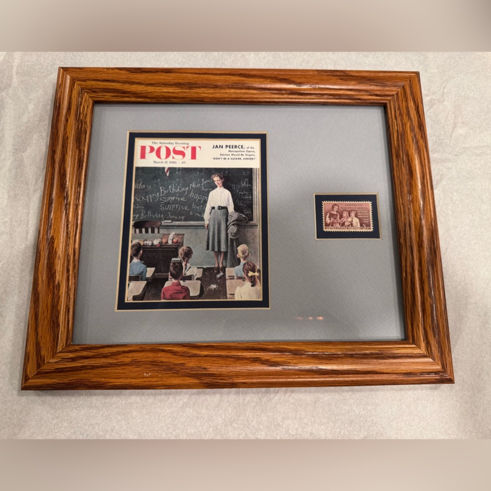Framed Reproduction of Post Cover and Postage Stamp Honoring Teachers